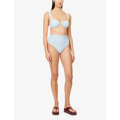 Simkhai Womens Hydrangea Blue Stripe Teya High Waist Ruched Bikini Bottoms In Blue