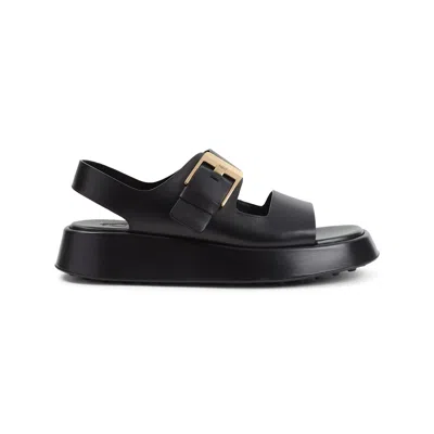 Tod's Leather Sandals With Double Strap And Maxi Buckle In Black