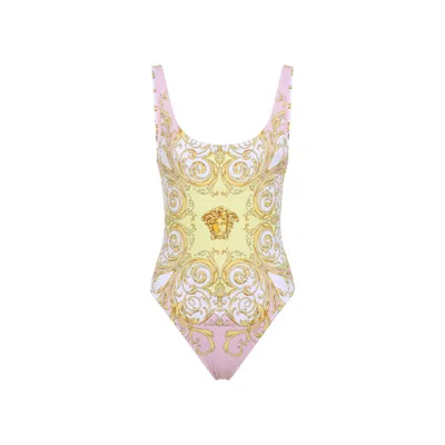 Versace Multicolor One-piece Swimsuit With All-over Medusa Print In Stretch Fabric Woman In Gold