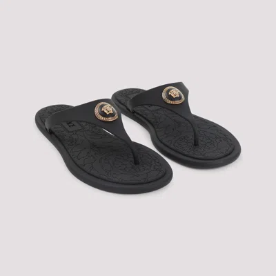 Versace Flat Sole Open Toe Sandals With Medusa Motif In Black