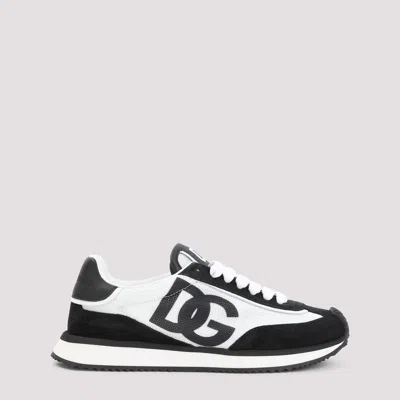 Dolce & Gabbana Dg Cushion White And Black Low Top Sneakers With Logo Print In Mixed Materials Woman