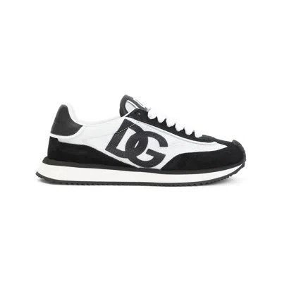 Dolce & Gabbana Dg Cushion White And Black Low Top Sneakers With Logo Print In Mixed Materials Woman