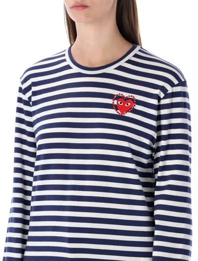 Comme Des Garçons Play Striped Navy And White T-shirt With Crystal Heart In Multi