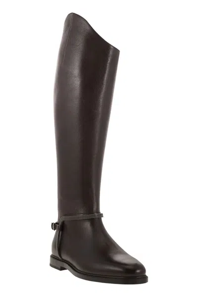 Brunello Cucinelli Classic Leather Boot With Precious Spurs In Brown