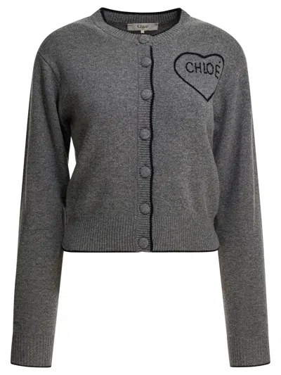 Chloé Wool And Cashmere Cardigan With Logo Knitwear Grey In Gray