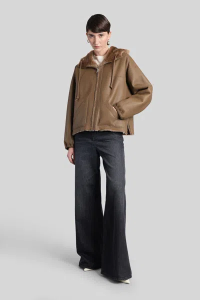 Blancha Brown Reversible Shearling Jacket With Drawstring Hood And Front Zip Closure