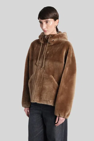 Blancha Brown Reversible Shearling Jacket With Drawstring Hood And Front Zip Closure