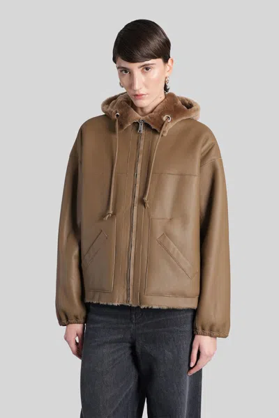 Blancha Brown Reversible Shearling Jacket With Drawstring Hood And Front Zip Closure