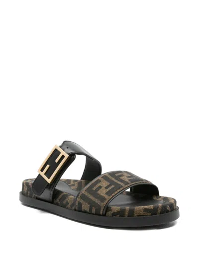 Fendi Leather Sandals With Double Strap And Buckle In Brown