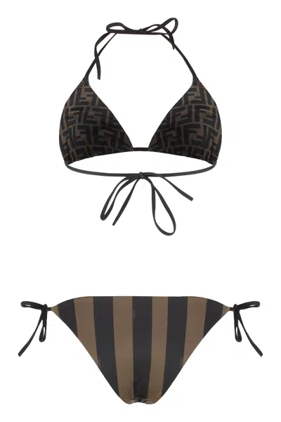 Fendi Women Brown Reversible Bikini With Adjustable Tie Closure And All-over Stripe Motif In Tech Fa In Multi
