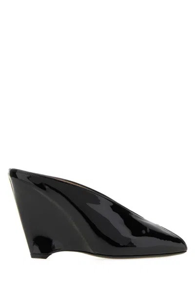 Ferragamo Leather Mules With Wedge Heel And Glossy Finish In Black