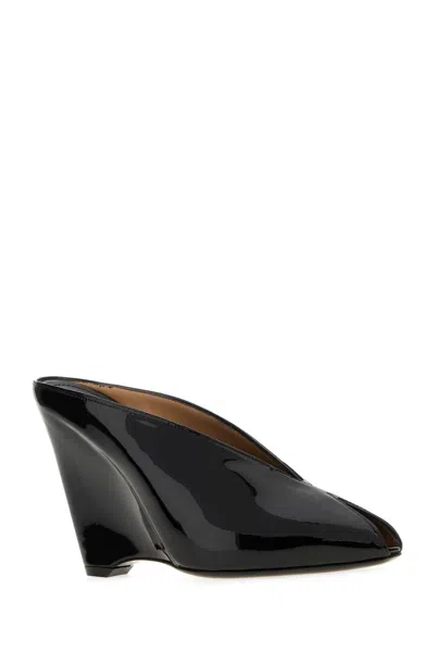 Ferragamo Leather Mules With Wedge Heel And Glossy Finish In Black