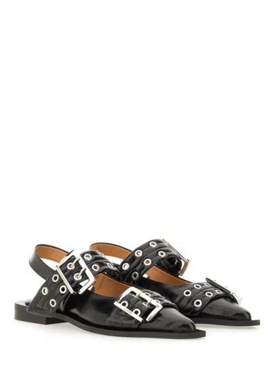 Ganni Feminine Buckle Slingback Flats In Black