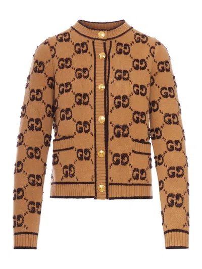 Gucci Gg Jacquard Buttoned Cardigan In Brown