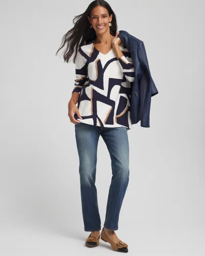 Chico's Geo Intarsia V-neck Tunic In Blue In Multi