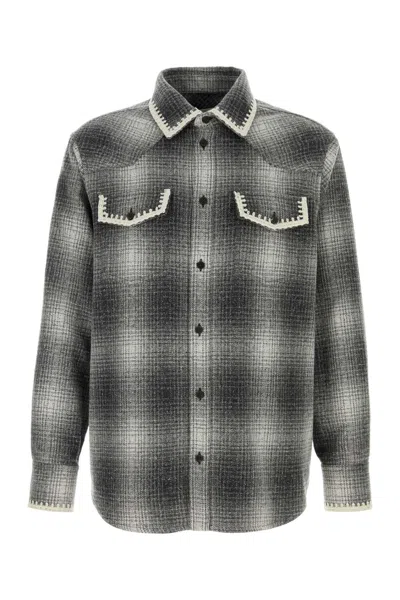 Golden Goose Wool Blend Long Sleeve Checked Shirt In Gray