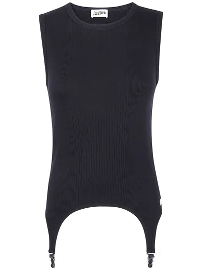 Jean Paul Gaultier Cotton Ribbed Tank Top With Lingerie Garter In Black