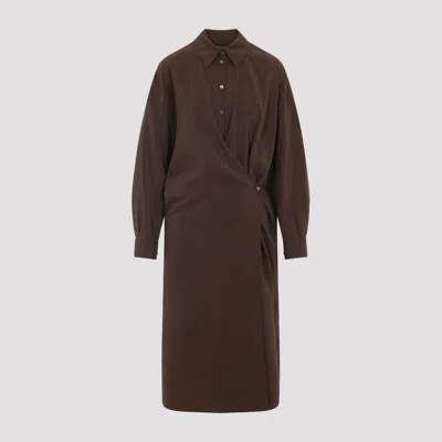 Lemaire Silk Midi Dress With Wrap-style Front And Shirt Collar In Brown