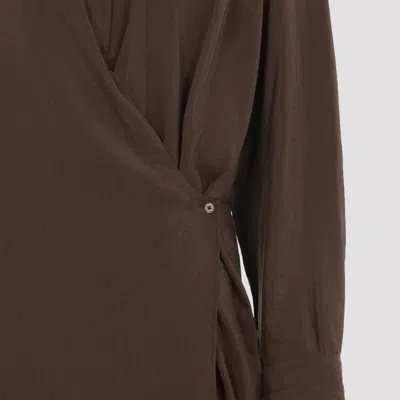 Lemaire Silk Midi Dress With Wrap-style Front And Shirt Collar In Brown