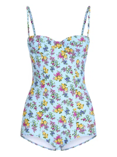 Dolce & Gabbana Small Floral-print Balconette One-piece Swimsuit In Blue