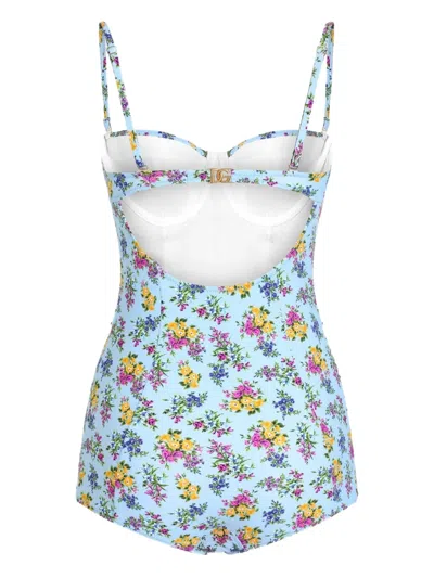 Dolce & Gabbana Small Floral-print Balconette One-piece Swimsuit In Blue
