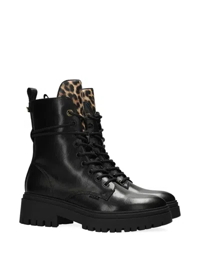 Mexx Leopard Panel Lace-up Boots In Black
