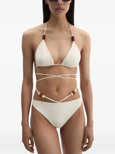 Magda Butrym Strappy Triangle Bikini Top In Cream With Beads In Red