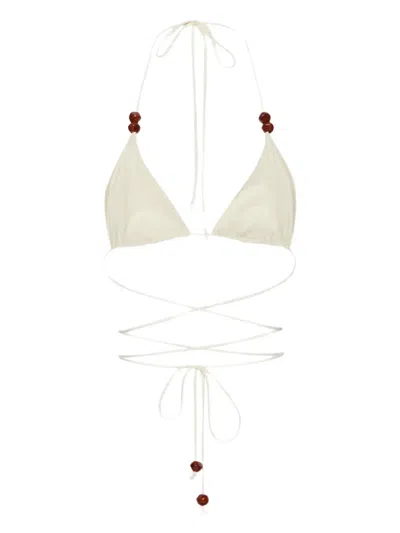 Magda Butrym Strappy Triangle Bikini Top In Cream With Beads In Red