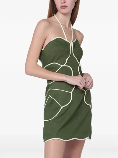 Farm Rio Green Wavy Trim Halter Neck Lenzing Ecovero Euroflax Mini Dress