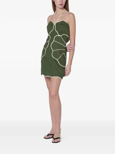 Farm Rio Green Wavy Trim Halter Neck Lenzing Ecovero Euroflax Mini Dress