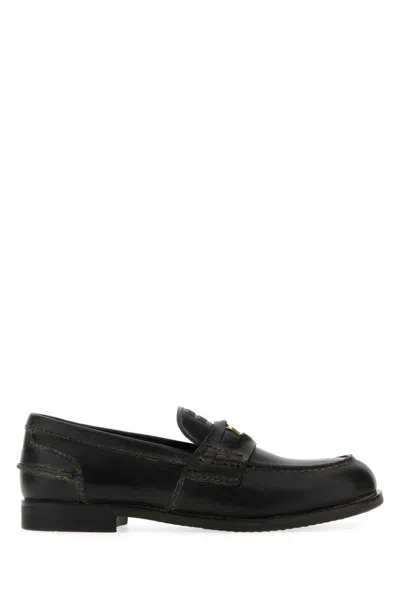 Miu Miu Round Toe Leather Loafers With Rubber Sole In Black