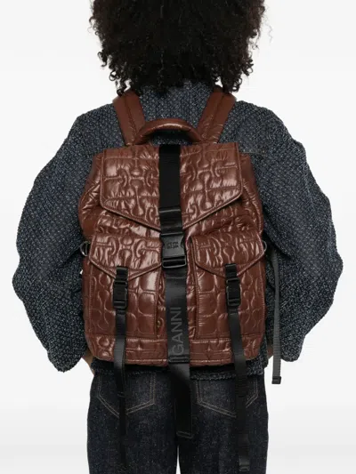 Ganni Quilted-design Backpack In Brown