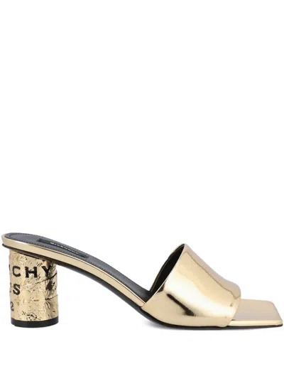 Givenchy 65mm Logo Heel Metallic Leather Mule Sandals In Gold