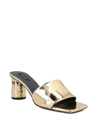 Givenchy 65mm Logo Heel Metallic Leather Mule Sandals In Gold