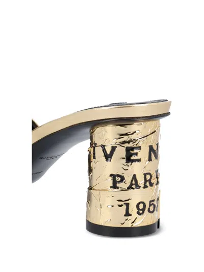 Givenchy 65mm Logo Heel Metallic Leather Mule Sandals In Gold