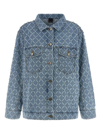 Pinko Pifferaio Jacquard Crystal Denim Overshirt In Blue