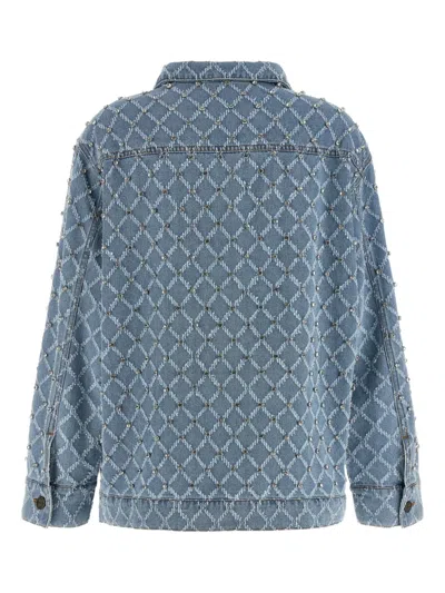 Pinko Pifferaio Jacquard Crystal Denim Overshirt In Blue