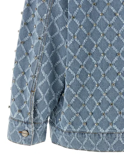 Pinko Pifferaio Jacquard Crystal Denim Overshirt In Blue