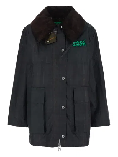 Barbour Dark Brown Jacket With All-over Stripe Motif And Logo Patch On The Front In Waxed Cotton Woman
