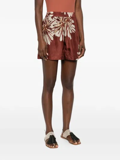 Brunello Cucinelli Women Silk Twill Shorts With Floral Print And Elasticated Waistband In Brown