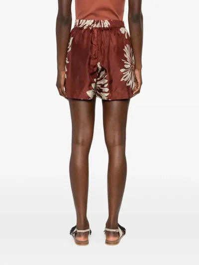 Brunello Cucinelli Women Silk Twill Shorts With Floral Print And Elasticated Waistband In Brown