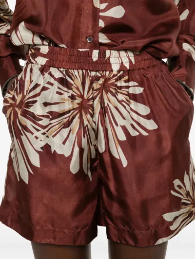 Brunello Cucinelli Women Silk Twill Shorts With Floral Print And Elasticated Waistband In Brown