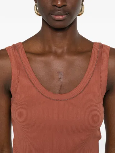 Brunello Cucinelli Cotton Tank Scoop Neck Ribbed Contrast In Orange
