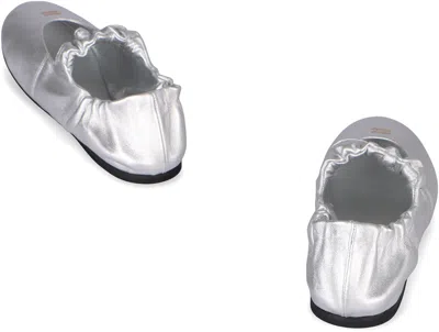 Miu Miu Leather Ballerina Flats Elasticated Trim Round Toe In Silver