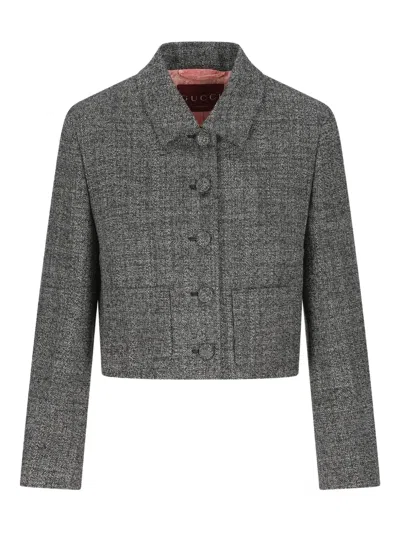 Gucci Wool Blazer Cropped Collar Long Sleeves Pockets In Gray