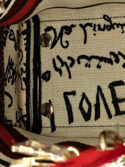 Pre-owned Dior Lady D-lite Bag Embroidered Canvas Medium Satchel In Neutral