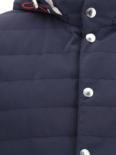 Brunello Cucinelli Removable-hood Snap-button Gilet In Blue