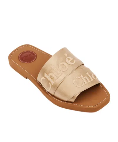 Chloé Woody Satin Sandals Embroidered Logo Rubber Sole In Neutral