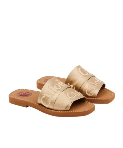 Chloé Woody Satin Sandals Embroidered Logo Rubber Sole In Neutral