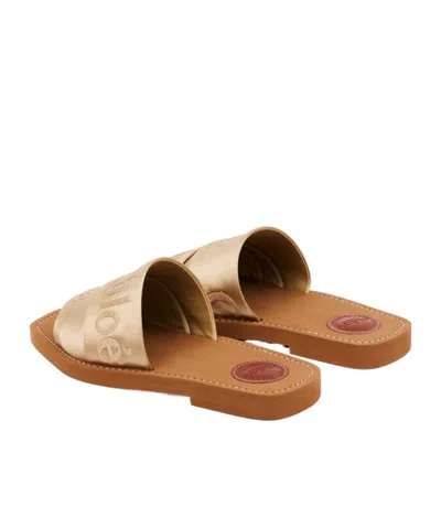 Chloé Woody Satin Sandals Embroidered Logo Rubber Sole In Neutral